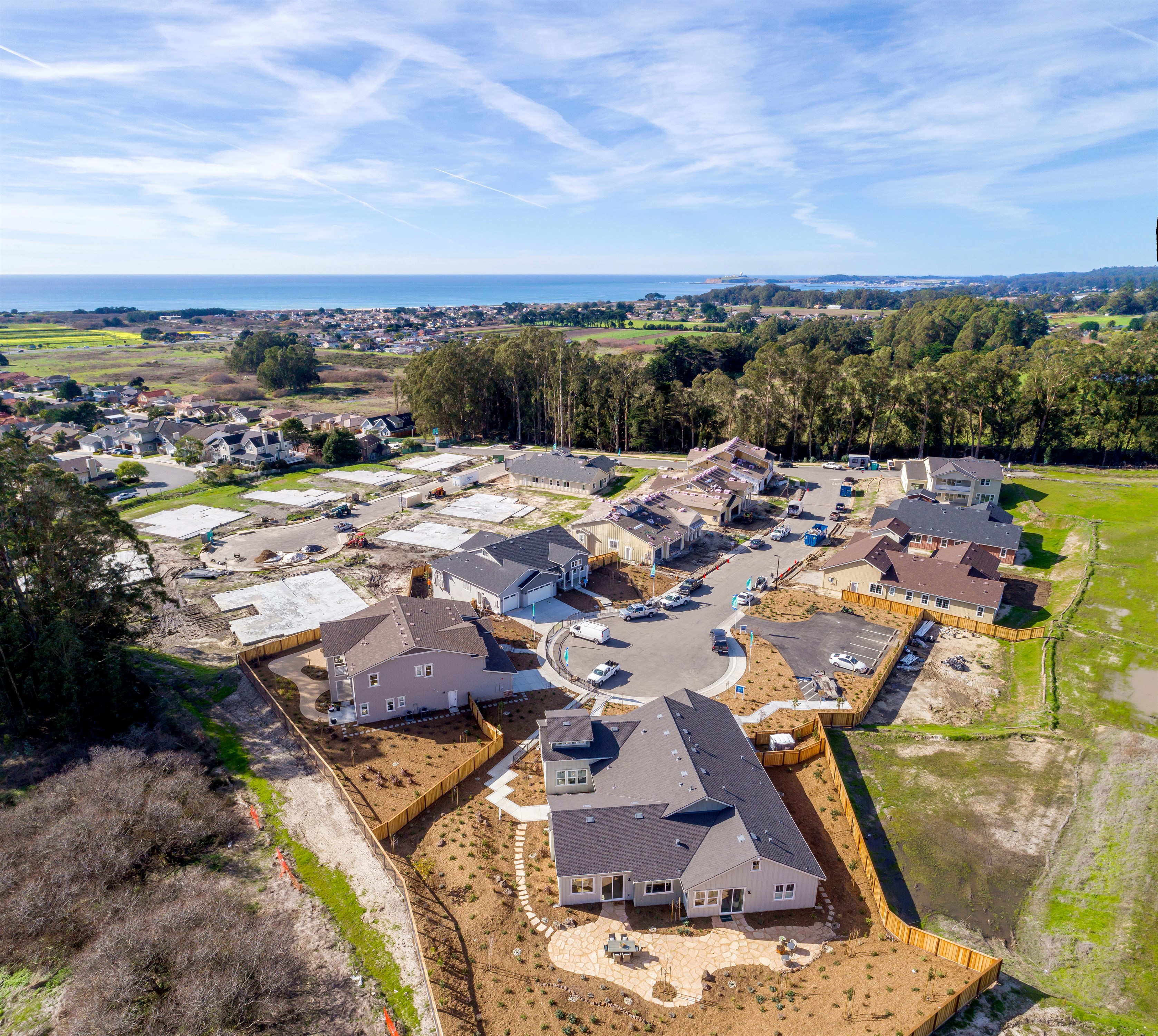 Aerial shot of a housing development with the ocean in the distance