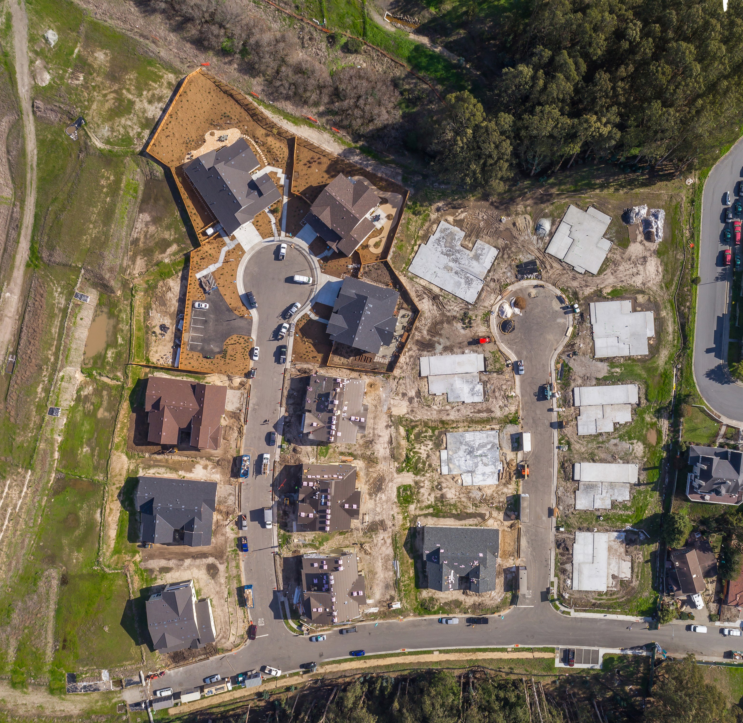 Aerial shot of model homes in a new development under construction