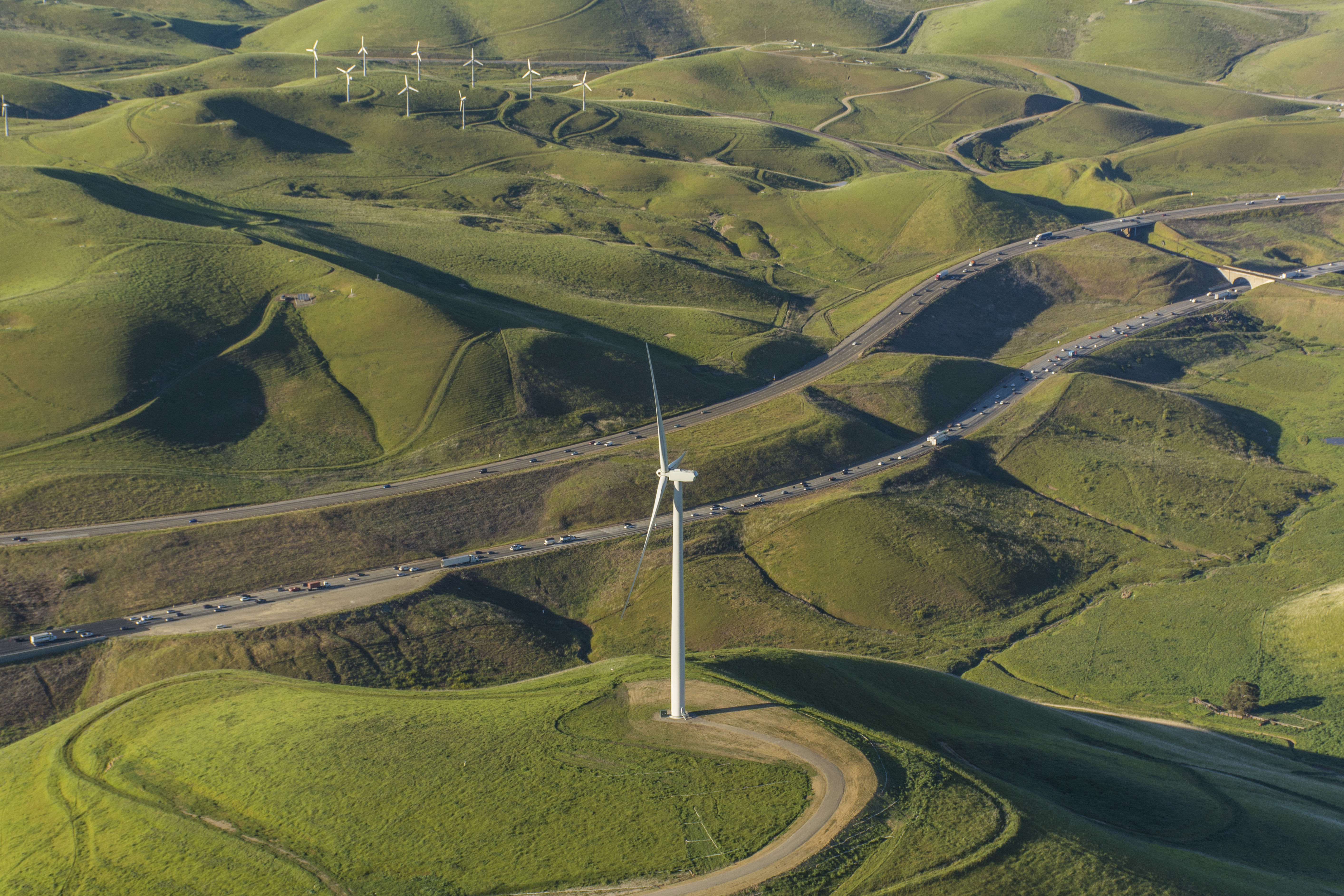 Aerial photo of the Golden Hills Wind Energy Center wind turbines in Alameda County, Cal. on Mar. 29, 2016